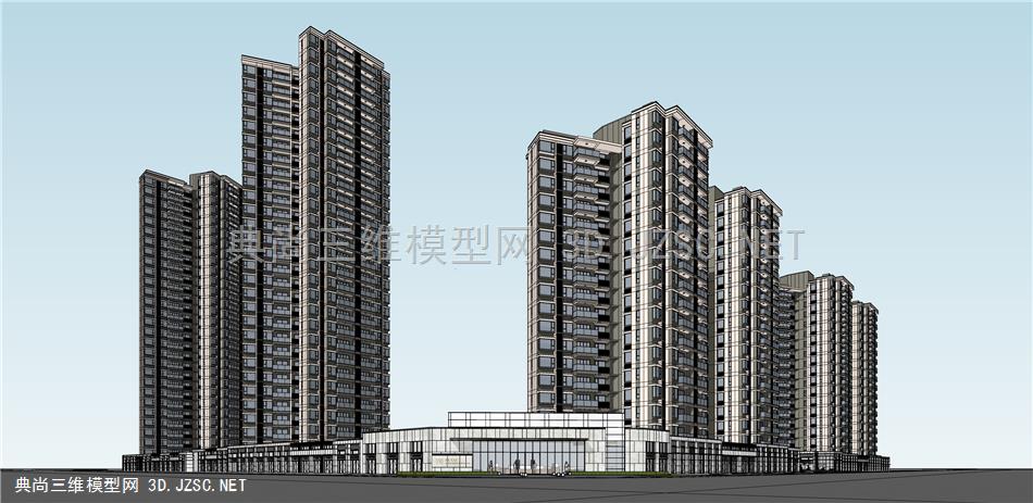 新中式住宅小区 高层住宅 高档小区入口 售楼处su模型