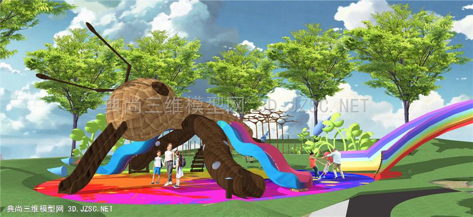 现代儿童游乐区 活动区乐园 蚂蚁滑梯 树形豆芽雕塑廊架