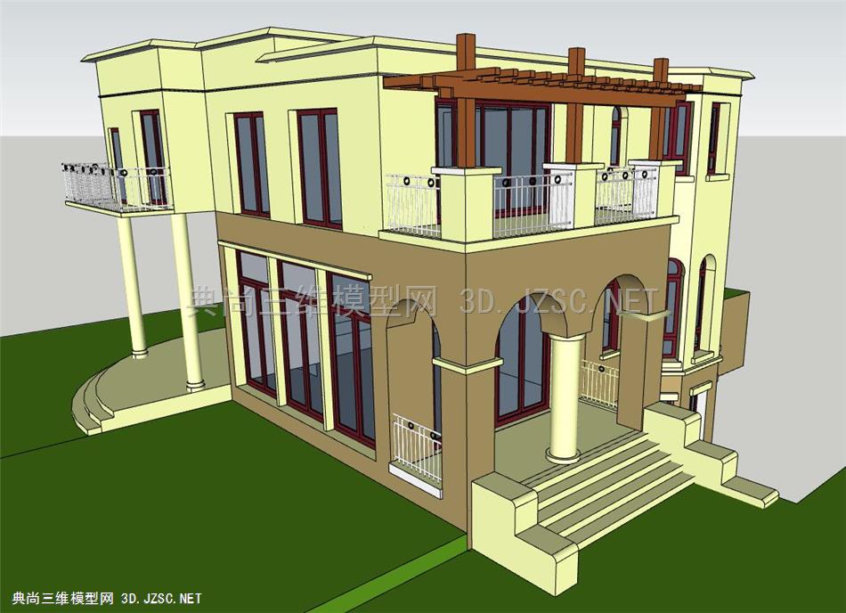 两层独栋别墅带地下室建筑设计CAD图纸+SU模型+效果图素材源文件