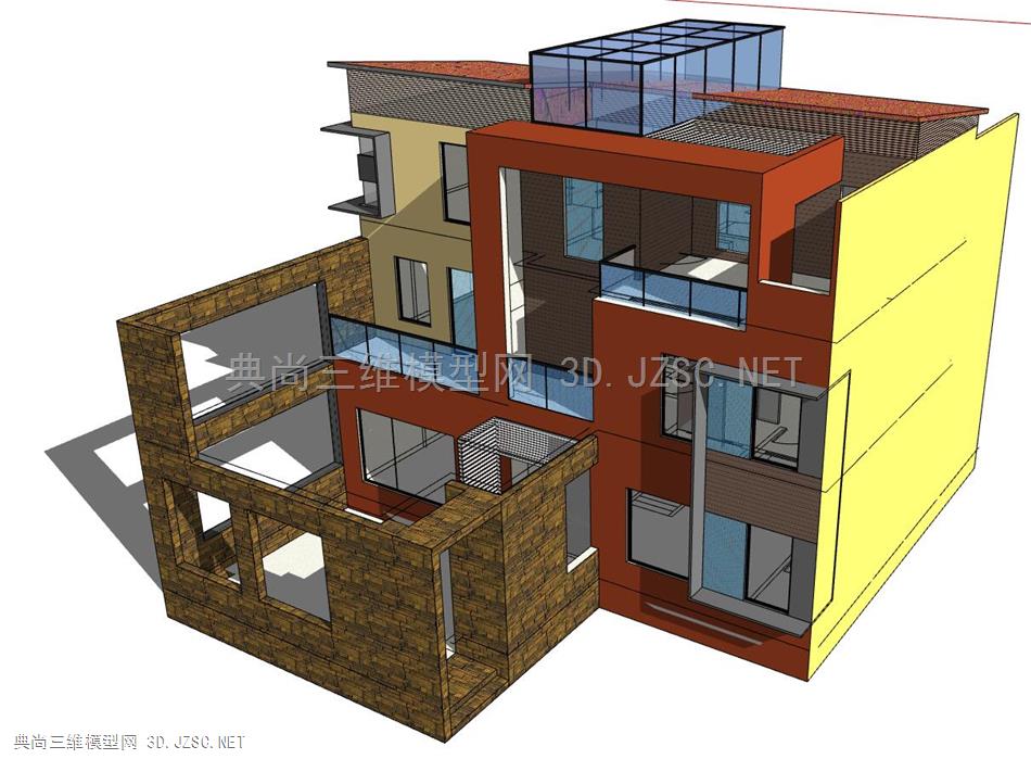 三层独栋别墅建筑设计CAD图纸+SU模型+PSD素材源文件