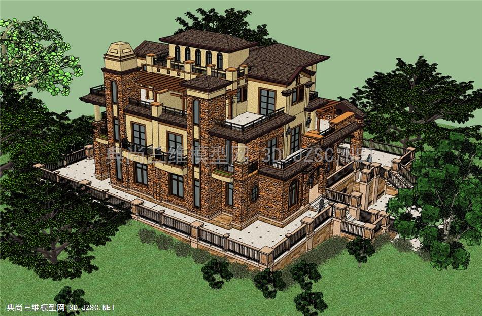 三层独栋别墅带地下室含门窗表节点详图CAD图纸+SU模型