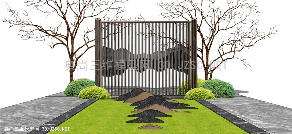 新中式山水片石雕塑小品 金属格栅景墙