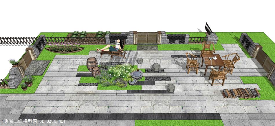 新中式农村庭院花园 景墙围墙 户外座椅 农村小品