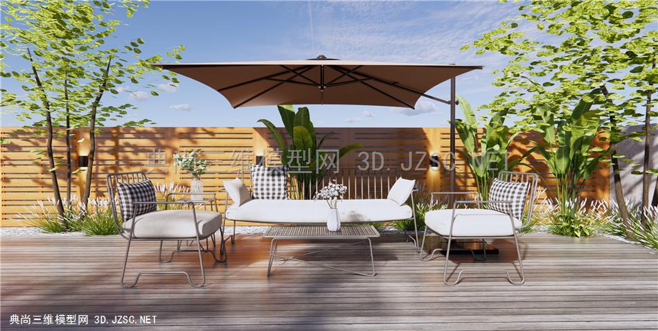 现代铁艺户外沙发 庭院院子景观 遮阳伞 景观树 原创
