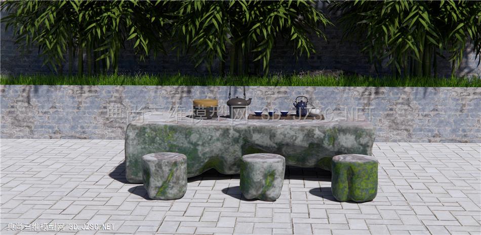 新中式石头茶桌椅 茶壶 茶盏 竹子 原创