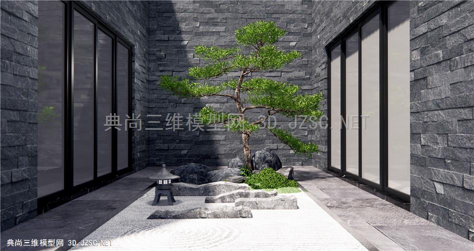 新中式石头假山 庭院景观 景观松树 枯山石小景 原创