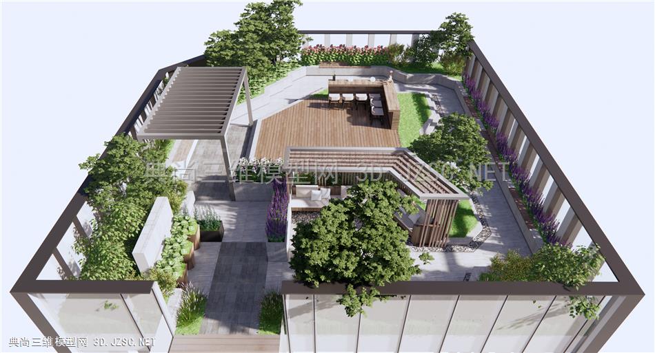 现代屋顶花园 景观树 花卉植物 景观廊架 原创