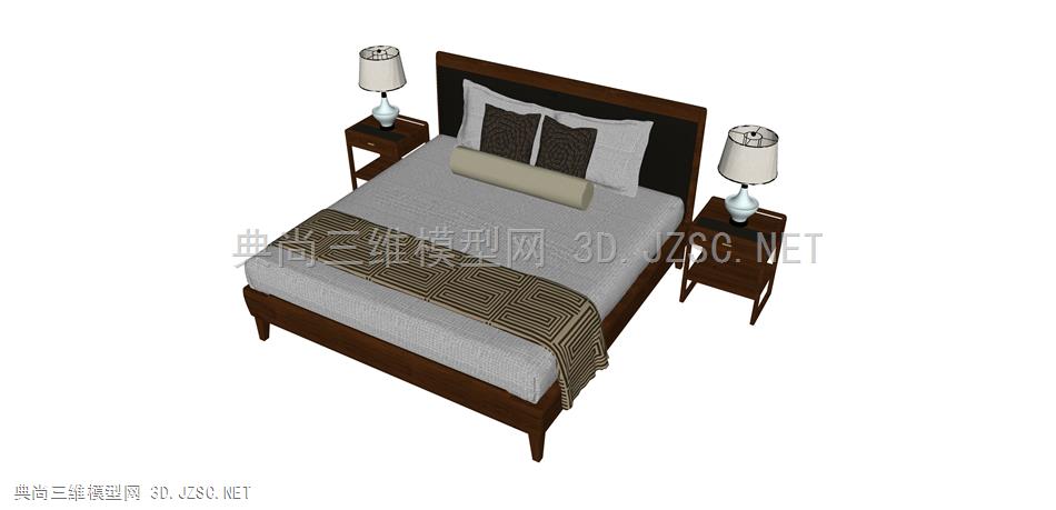 1296中国 半木  床 双人床 床头柜 台灯 被褥