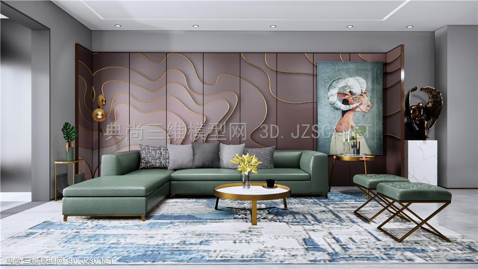 现代客厅 沙发 茶几 壁画 饰品摆件