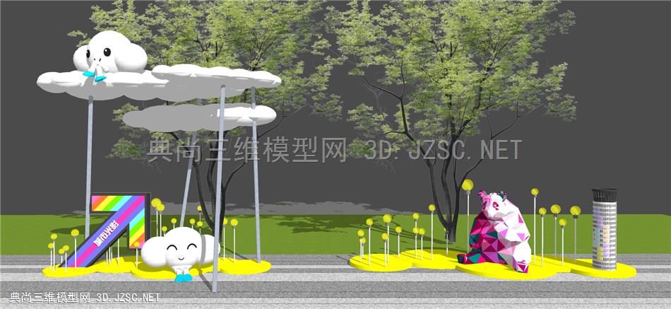 现代商业街网红景观雕塑小品 星星灯 云朵 熊猫su模型