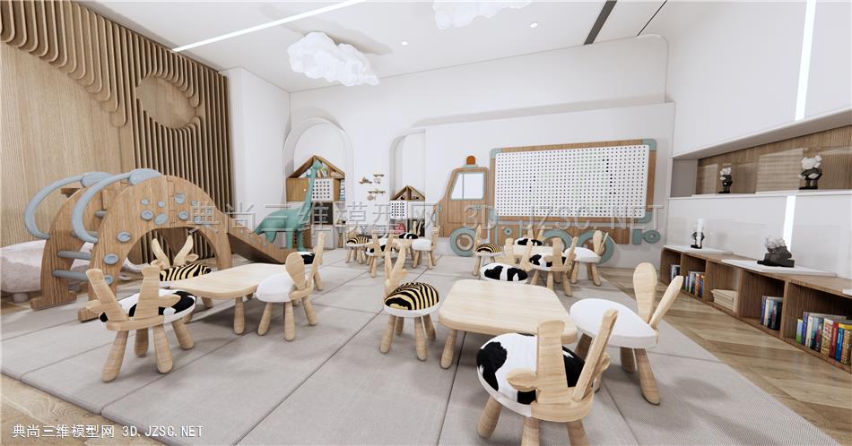 现代幼儿园教室 儿童桌椅 小板凳 木质书柜 沙发凳 原创