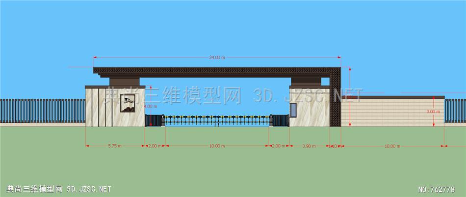 大区高端入口人车分流新中式现代大门su景观模型