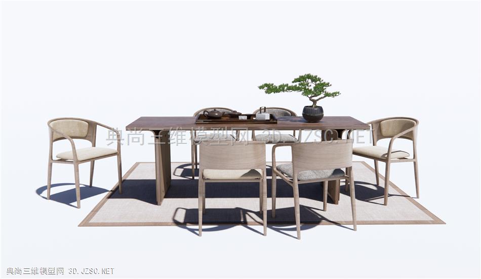 新中式餐桌椅 休闲桌椅 松树盆景 茶具餐具 原创