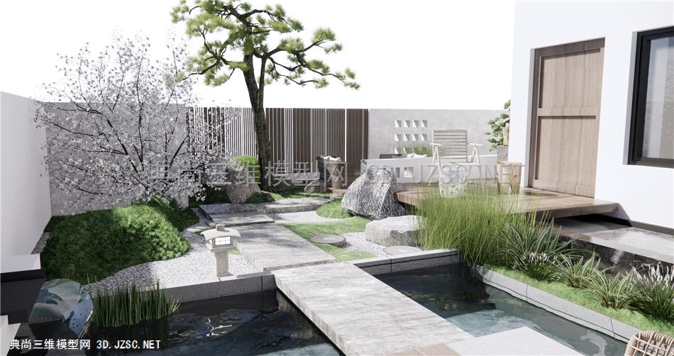 新中式庭院花园景观 禅意居家院子 户外休闲桌椅 石头假山 景观树 原创
