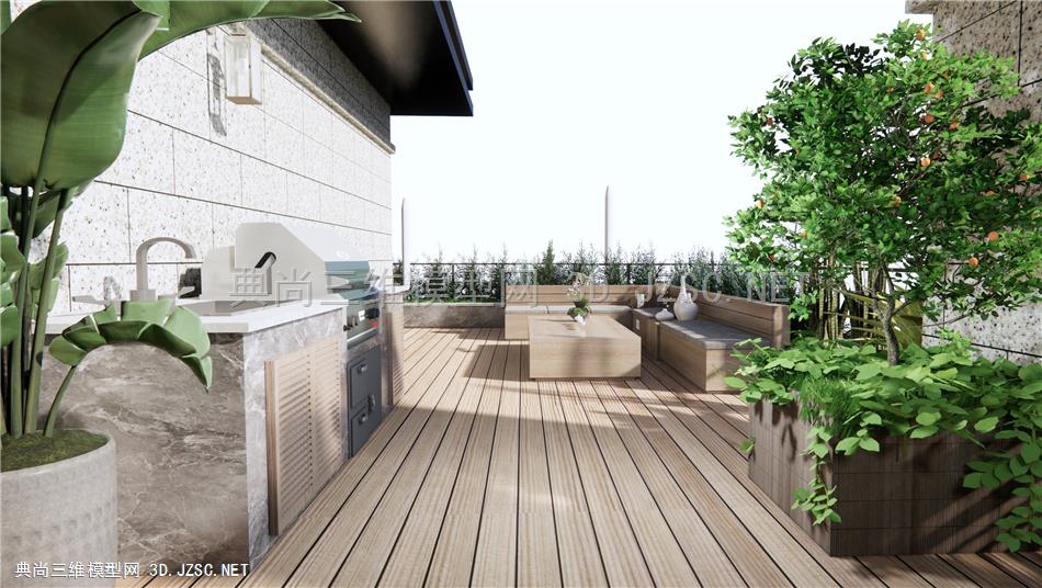 现代屋顶花园景观 露台天台景观 户外沙发 户外植物盆栽 烧烤台 原创
