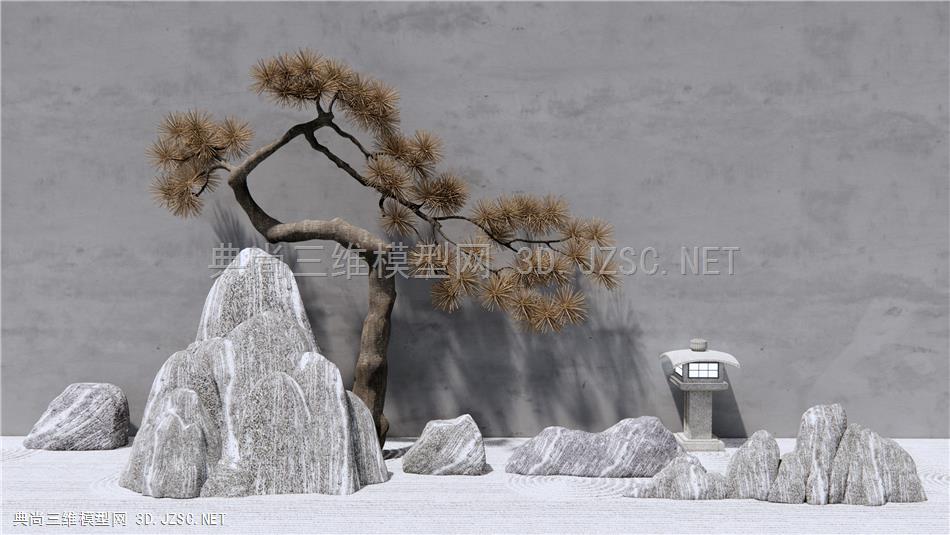 新中式假山石头 禅意枯山石庭院 景观松树小品 原创