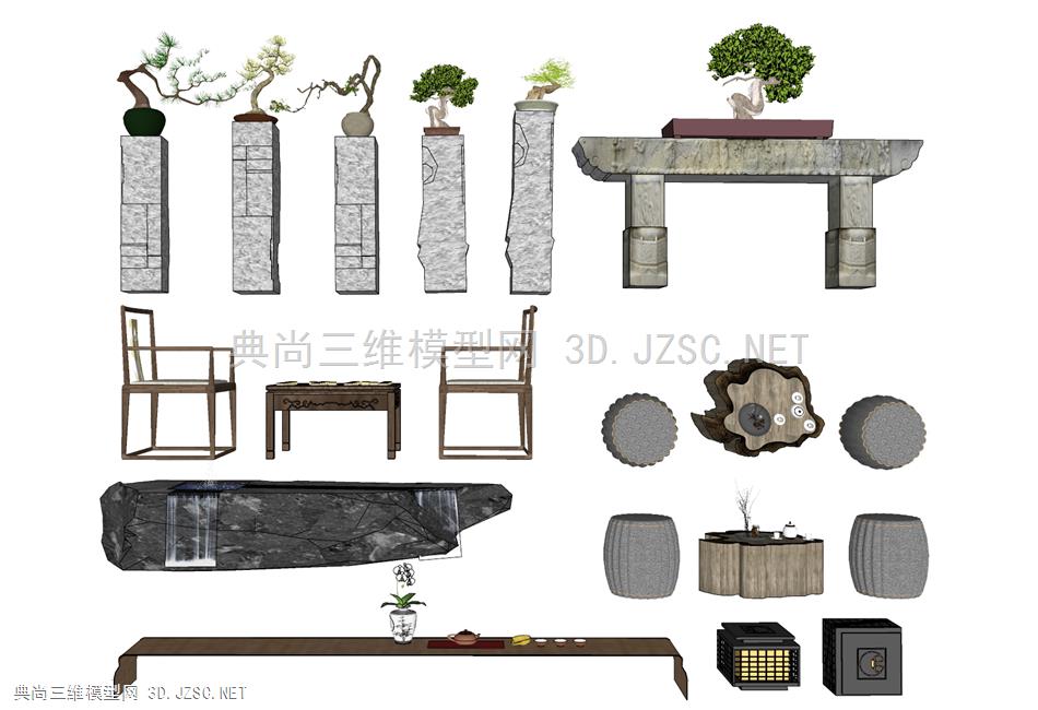 中式庭院园艺小品石桌凳植物盆景