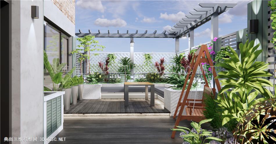 现代屋顶花园景观 露台阳台景观 户外植物盆栽 花草 围栏栏杆 原创