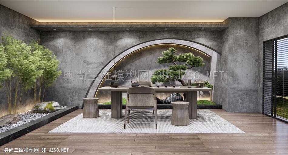 新中式家居茶室 茶桌椅 室内景观小品 假山石头 景墙 原创