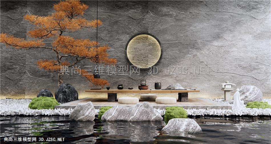 新中式茶室 茶桌椅 枯山水景观小品 假山石头 景观树 禅意庭院景观 原创