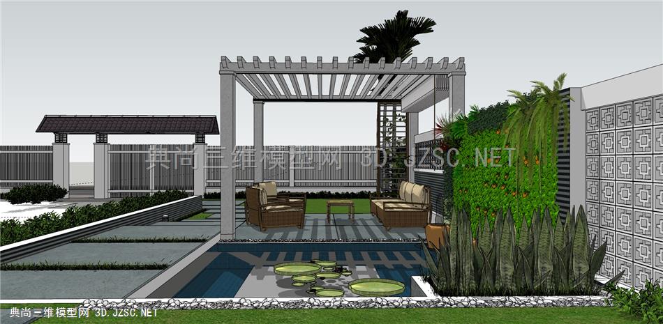 现代别墅庭院景观 水景 植物盆栽 户外家具 
