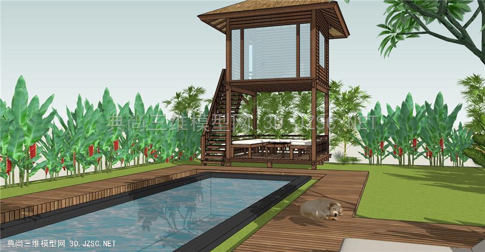 现代休闲度假庭院 庭院景观 木屋 泳池 植物