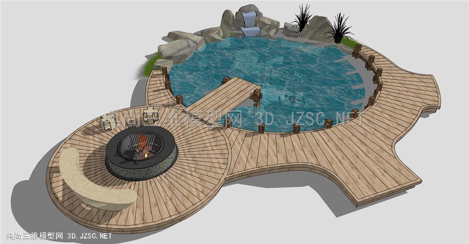 现代休闲景观庭院 水池泳池 户外桌椅 烤炉
