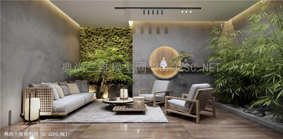 新中式沙发茶几组合 家居客厅 景墙 绿植墙 景观树 原创