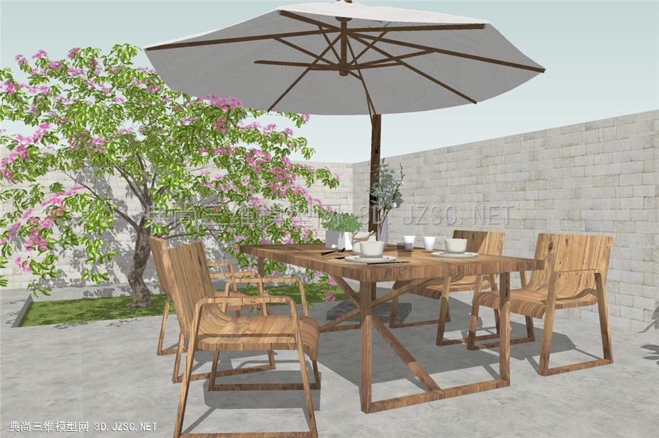 庭院休闲餐桌椅 庭院景观 植物盆栽 太阳伞桌椅