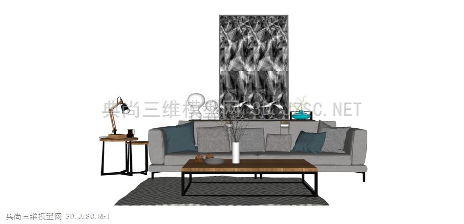 沙发组合 (4 家具 ，椅子，休闲椅，沙发，双人沙发，吊灯，挂画，茶几，落地灯