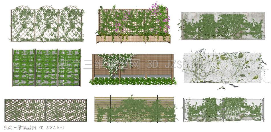 庭院绿植围栏 绿植墙 围栏围墙植物 花架 木格栅 盆栽盆景