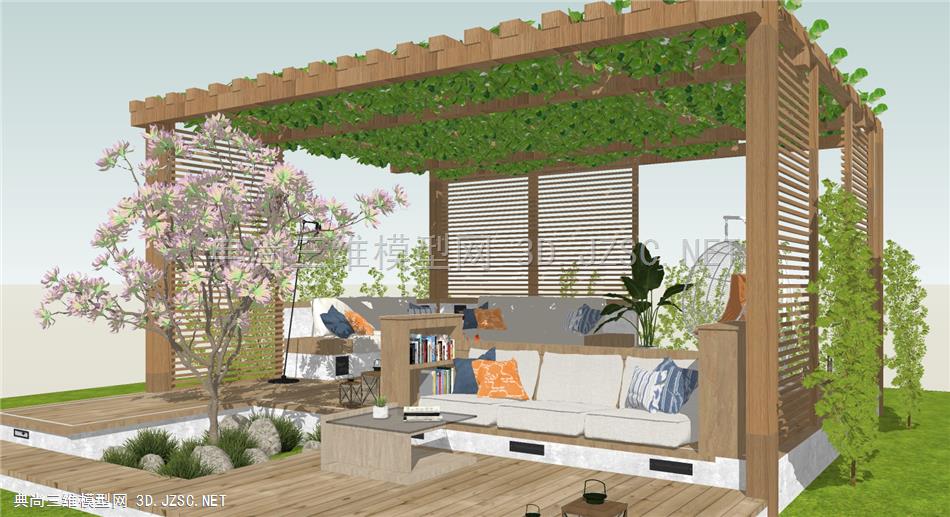 现代休闲庭院景观 花架廊架 户外沙发桌椅 吊椅 植物盆栽
