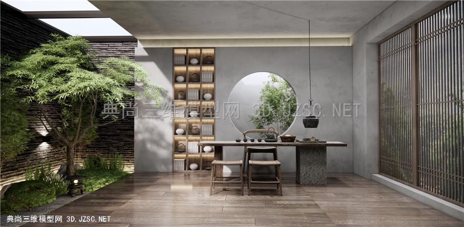 新中式茶室 室内景观小品 茶桌椅 枯山石景观 竹子 原创