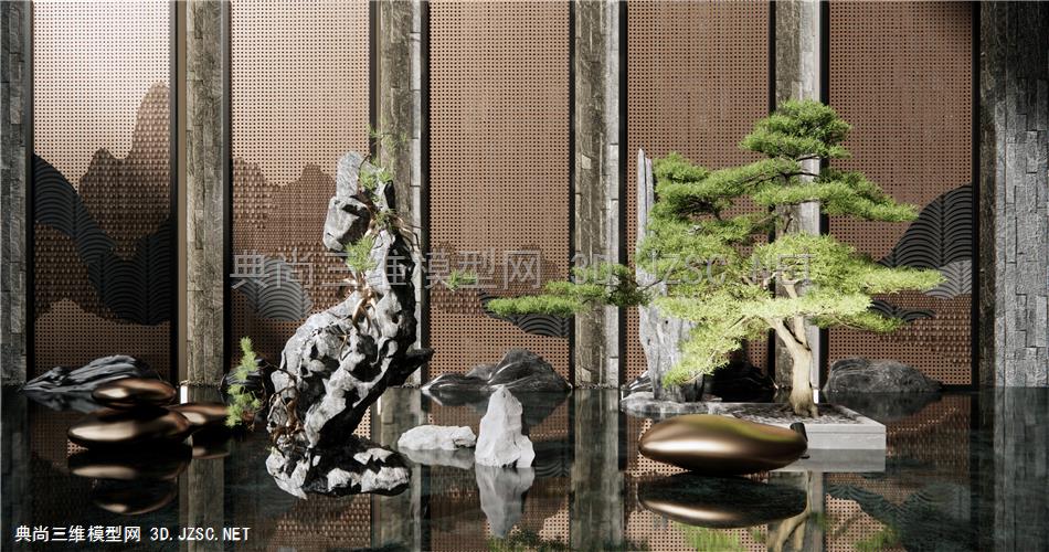 新中式示范区假山水景 景墙水景 示范区水景 雕塑小品 石头 迎客松 原创