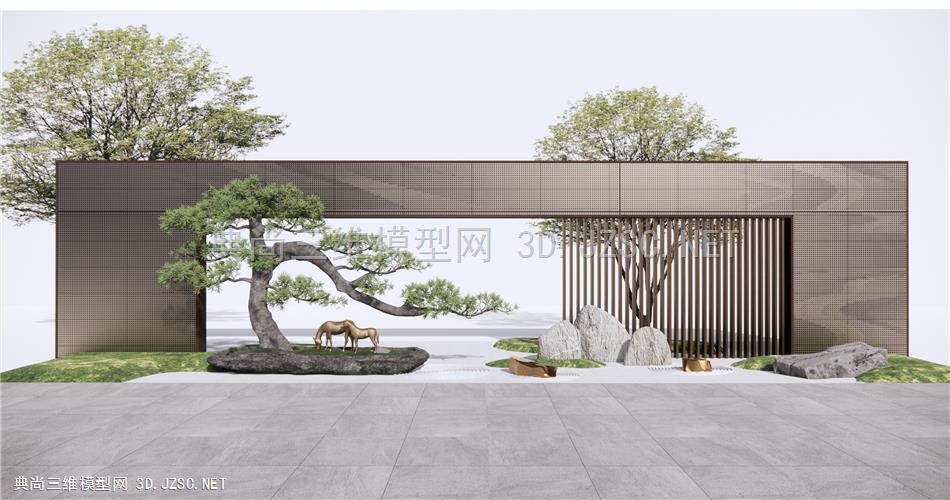 新中式示范区景墙 庭院景观小品 雕塑小品 景观松树 石头 原创