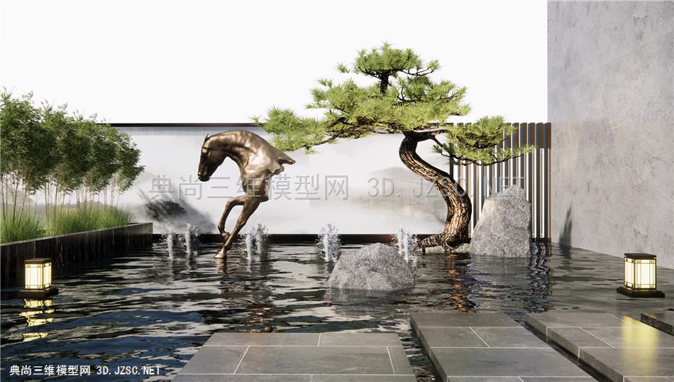 新中式示范区景观 庭院水景 雕塑水景 售楼处景观 松树 石头 原创