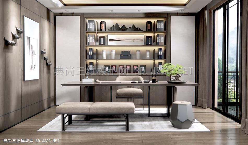 新中式书房 书桌椅 背景书架 墙饰摆件