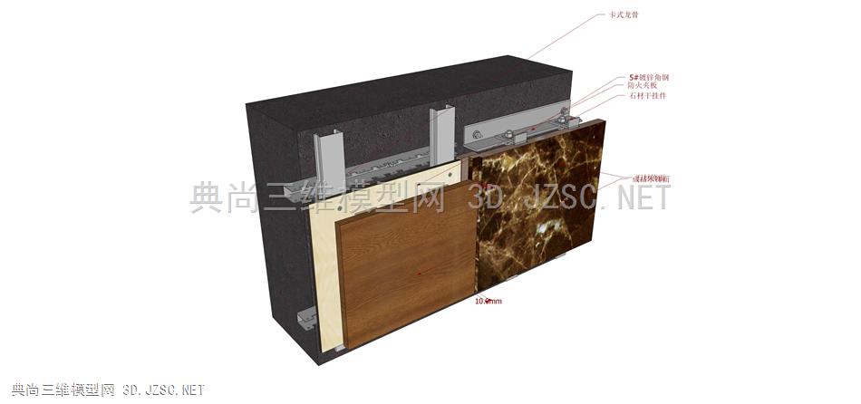 4 B石材与木饰面(切口对接) 2) 室内装修节点 施工结构 