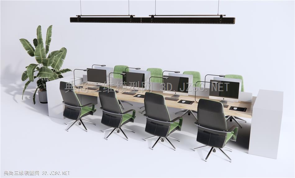 现代办公桌椅 办公椅 电脑 室内植物盆栽