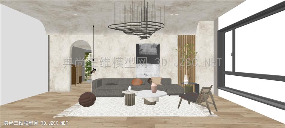 客厅 (2) 现代简约式客厅 沙发 桌几 花瓶 吊灯 客厅组合  侘寂风客厅