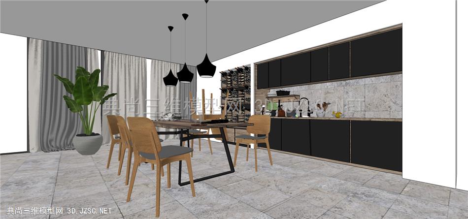 现代北欧开放式厨房餐厅 1 餐桌 椅子 吊灯 橱柜 酒柜 红酒 植物