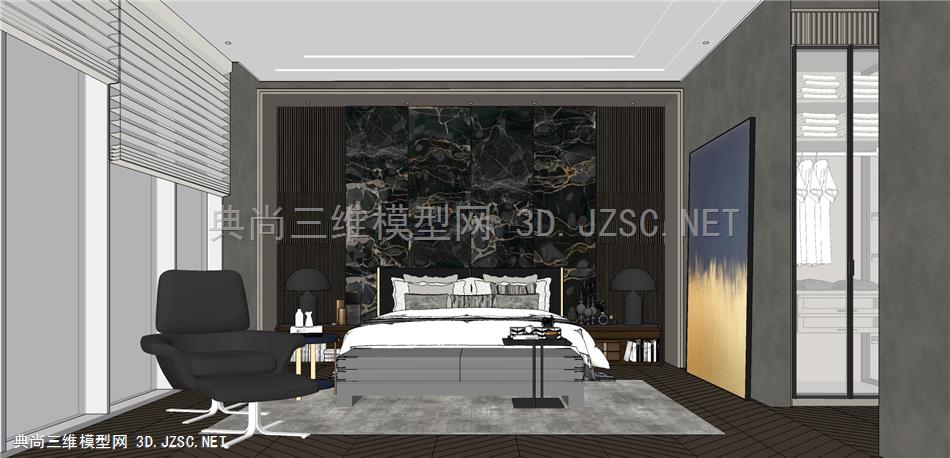 现代中式轻奢卧室 1  侘寂风卧室 双人床 床头柜 台灯 沙发 植物 地毯 沙发 衣柜