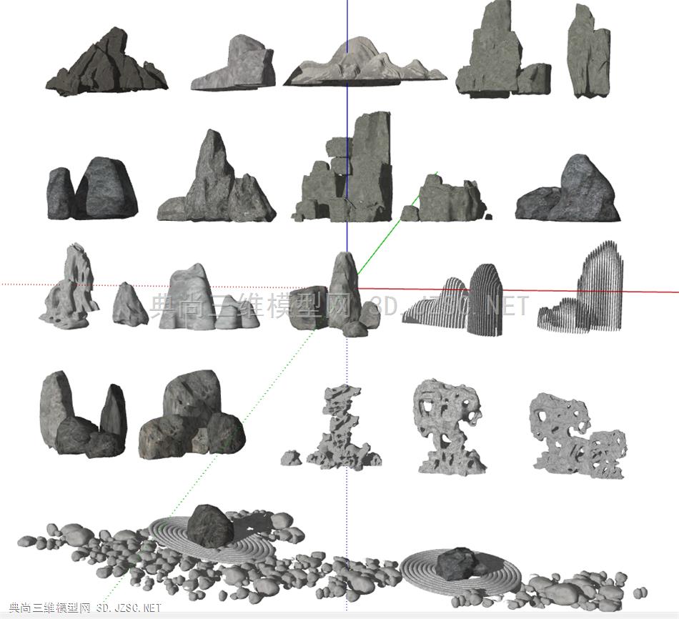 新中式假山石头太湖石鹅卵石SU模型-zz