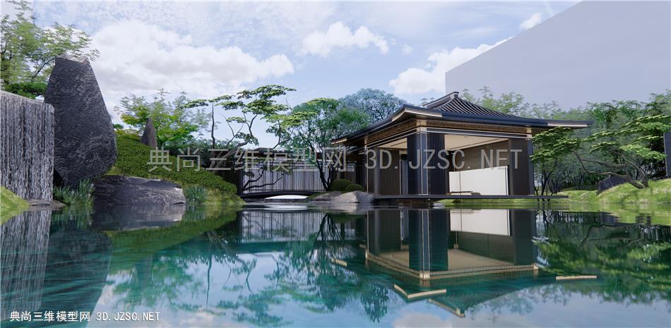 新中式示范区景观 庭院水景 石头假山 迎客松景观树 亭子 廊架