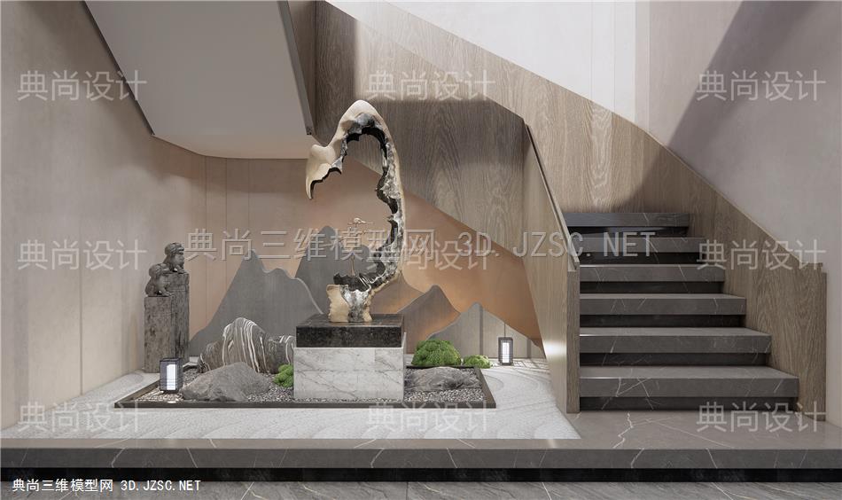 新中式雕塑小品 楼梯间景观小品 玄关造景 假山 石头