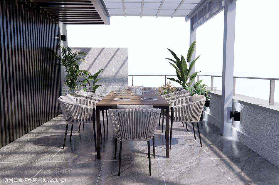 现代户外餐桌椅 休闲桌椅 露台景观 花园阳台 植物盆栽