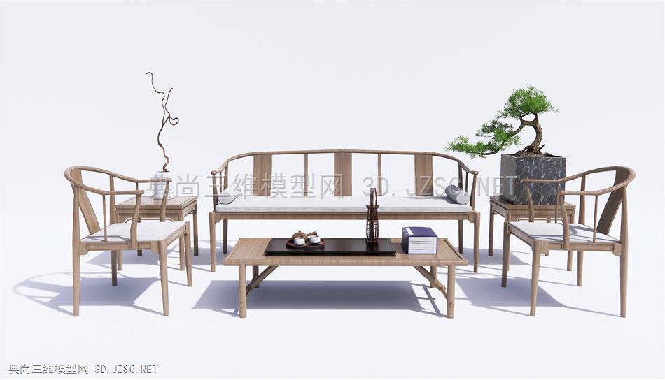中式沙发茶几 松树盆景 休闲椅