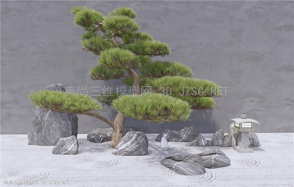 新中式石头罗汉松景观小品  庭院小品 枯山石 石头