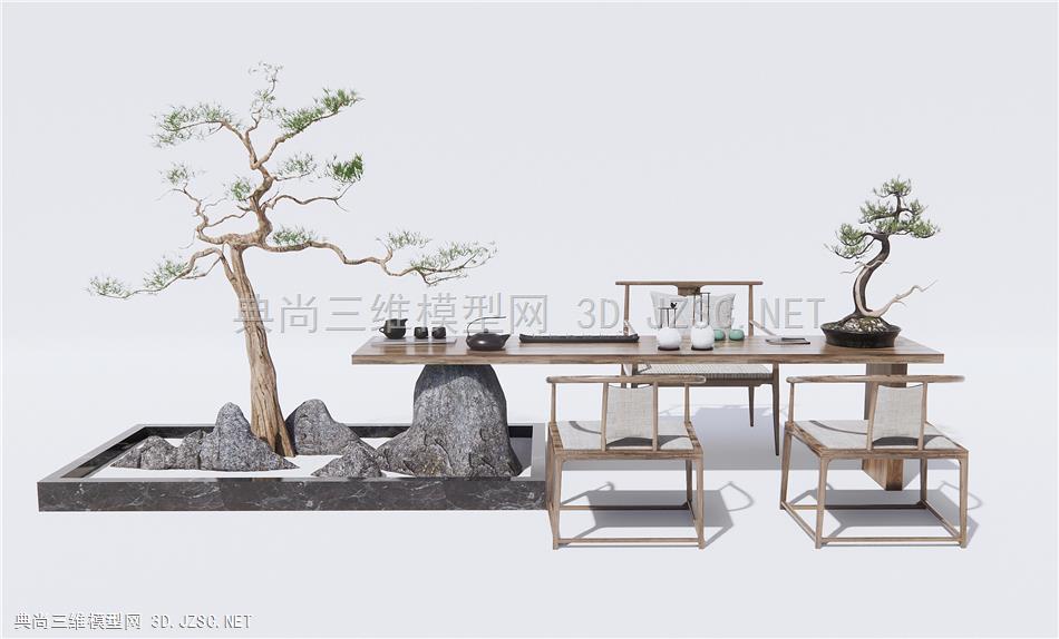 新中式茶桌椅 茶具 松树假山小品 石头 盆栽植物