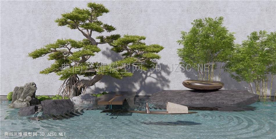 新中式庭院水景小品 跌水景观 罗汉松 迎客松 石头假山